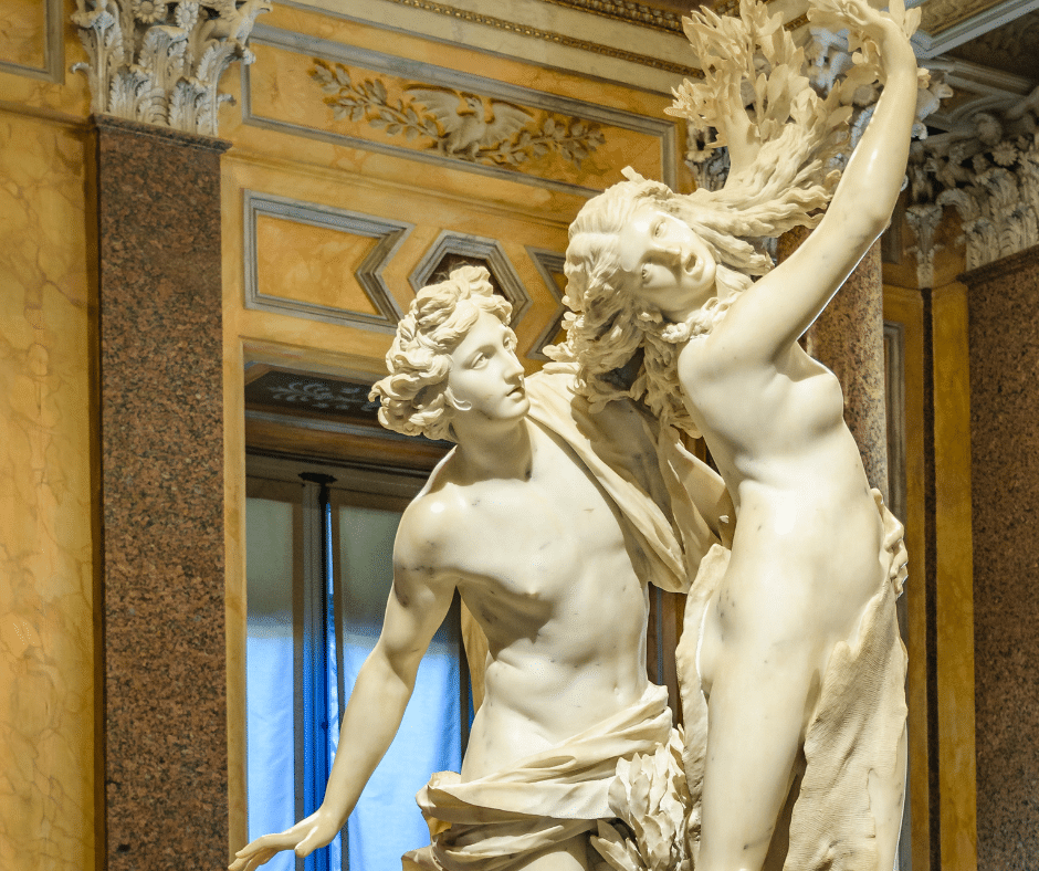 הפסל של דפנה ואפולו בגלריית בורגזה - אומנם פסל משיש, אבל את התנועה של השניים קשה לפספס