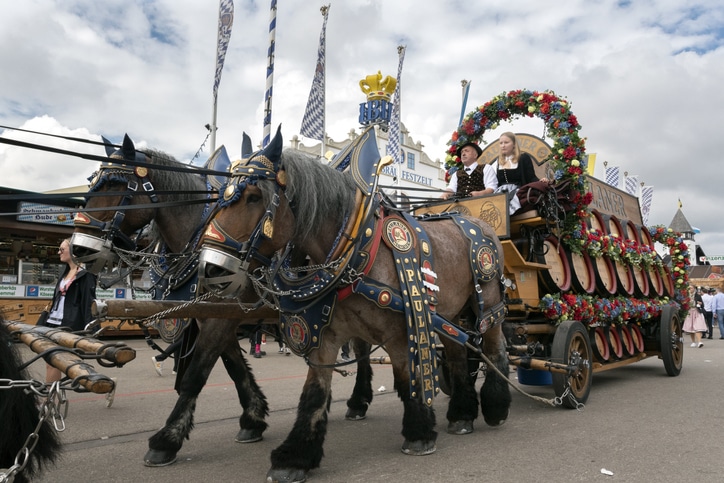 סוסים הסוחבים עגלת חביות בירה כחלק מפסטיבל האוקטוברפסט, מינכן, גרמניה
