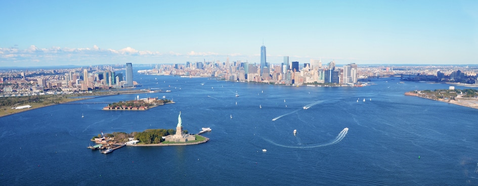 New York, USA, September 28, 2013: New York Harbor Aerial view with Statue of Liberty on a clear day